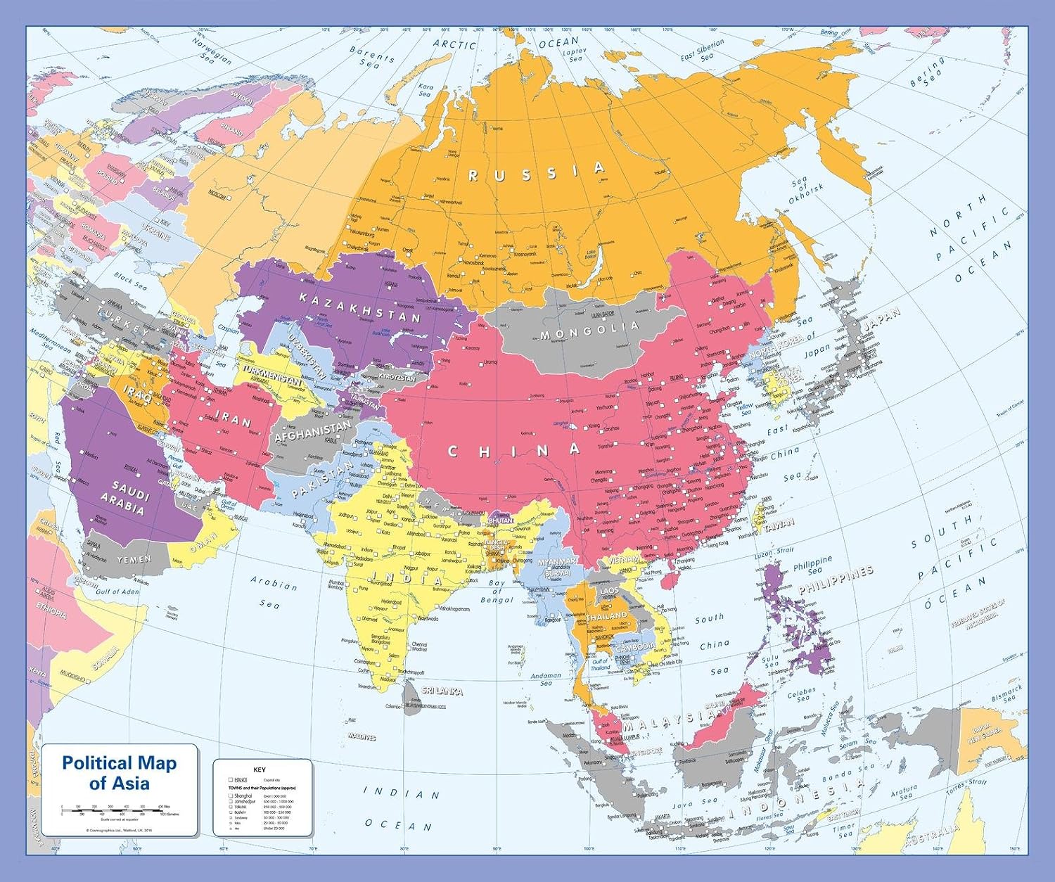 Colour blind friendly Political Wall Map of Asia - 31.75" x 26.5" Paper