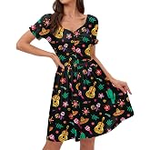 Women Cinco De Mayo Dress Summer Short Sleeve Sweetheart Neckline Mexican Fiesta 1950s Swing Mini Dress Yellow Mexican S