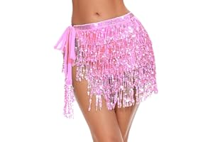 Ammiko Sequin Skirt Fringe Wrap Skirts Sparkly Belly Dance Hip Scarf Tassel Skirt Party Rave Costume for Women Girls