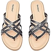 Veittes Women's Flat Slide Sandals,Casual Multiple Straps T-Straps Slip on Flat Summer Thong Sandals