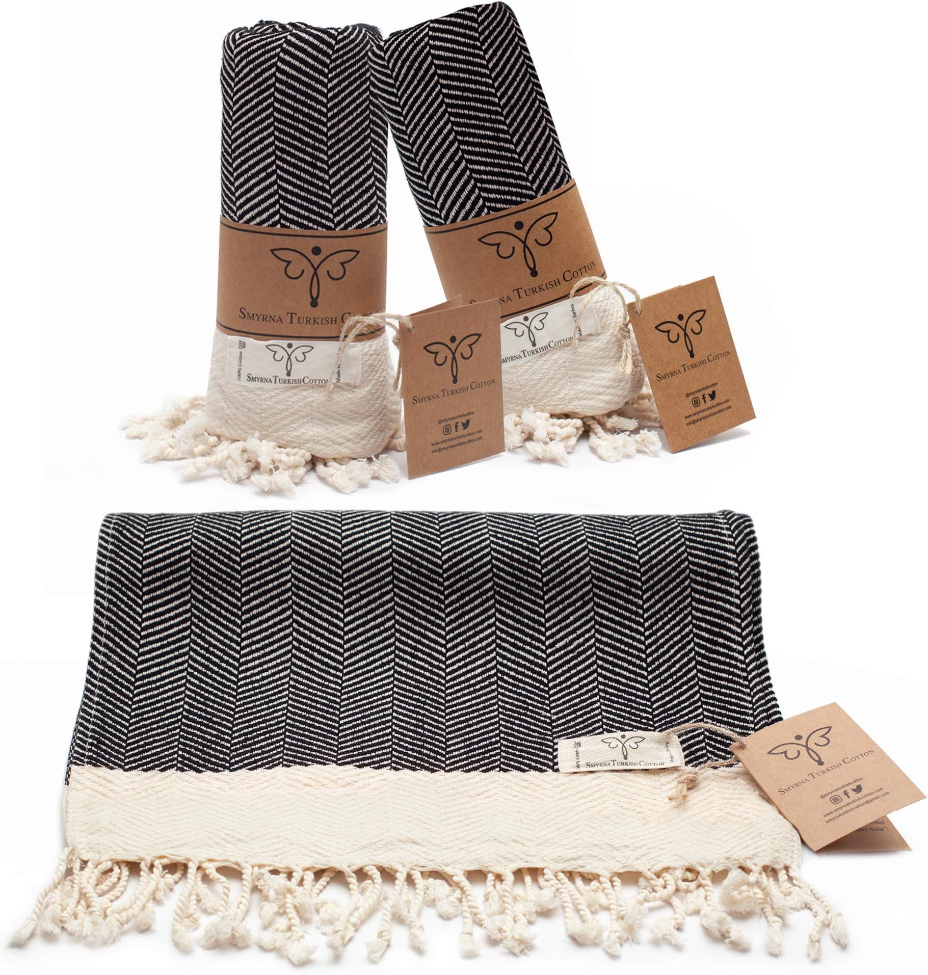 SMYRNA TURKISH COTTONHerringbone Series Hand Towel - Set of 2 | 40x100cm | 100% Turkish Cotton | Hair Towels, Soft Washcloths for Bathroom & Kitchen | Don't Shrink|Premium Luxury - Black