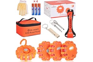 DK-WINER LED Road Flares Roadside Emergency car kit Emergency Road Flares Kit with Magnetic Base for Vehicles & Boat | 9 Flash Modes(with Batteries) (4Pack-Tool Kit)