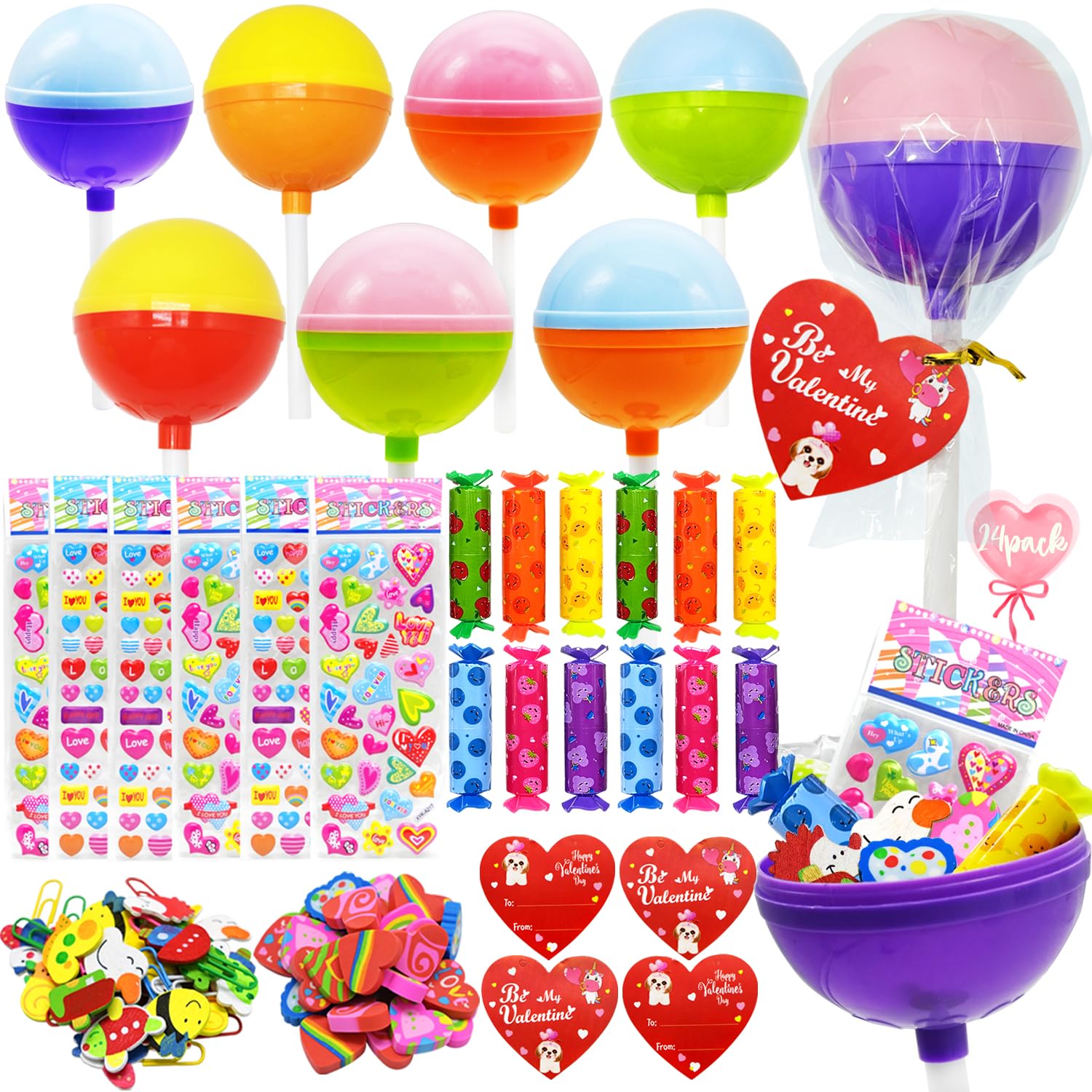 24 Pack Valentines Day Gifts for Classroom, Valentines Lollipop-Shaped Stationery Set with Cards Highlighters Stickers Erasers Paperclips for Classroom Valentines Exchange, Valentines Party Favors Image