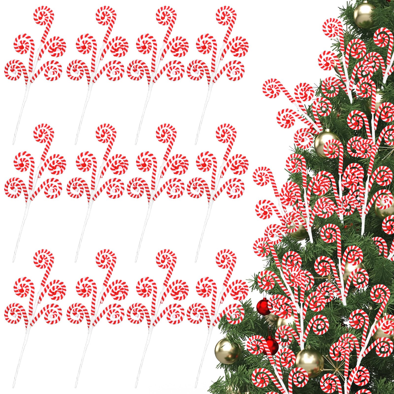 Photo 1 of 12 Pcs 16 Inch Red White Christmas Tree Picks Decoration Candy Cane Woolen Curly Pick Lollipop Large for Xmas Tree Topper Decor Home Vase Filler Craft Wreath Holiday Party Ornament Garland