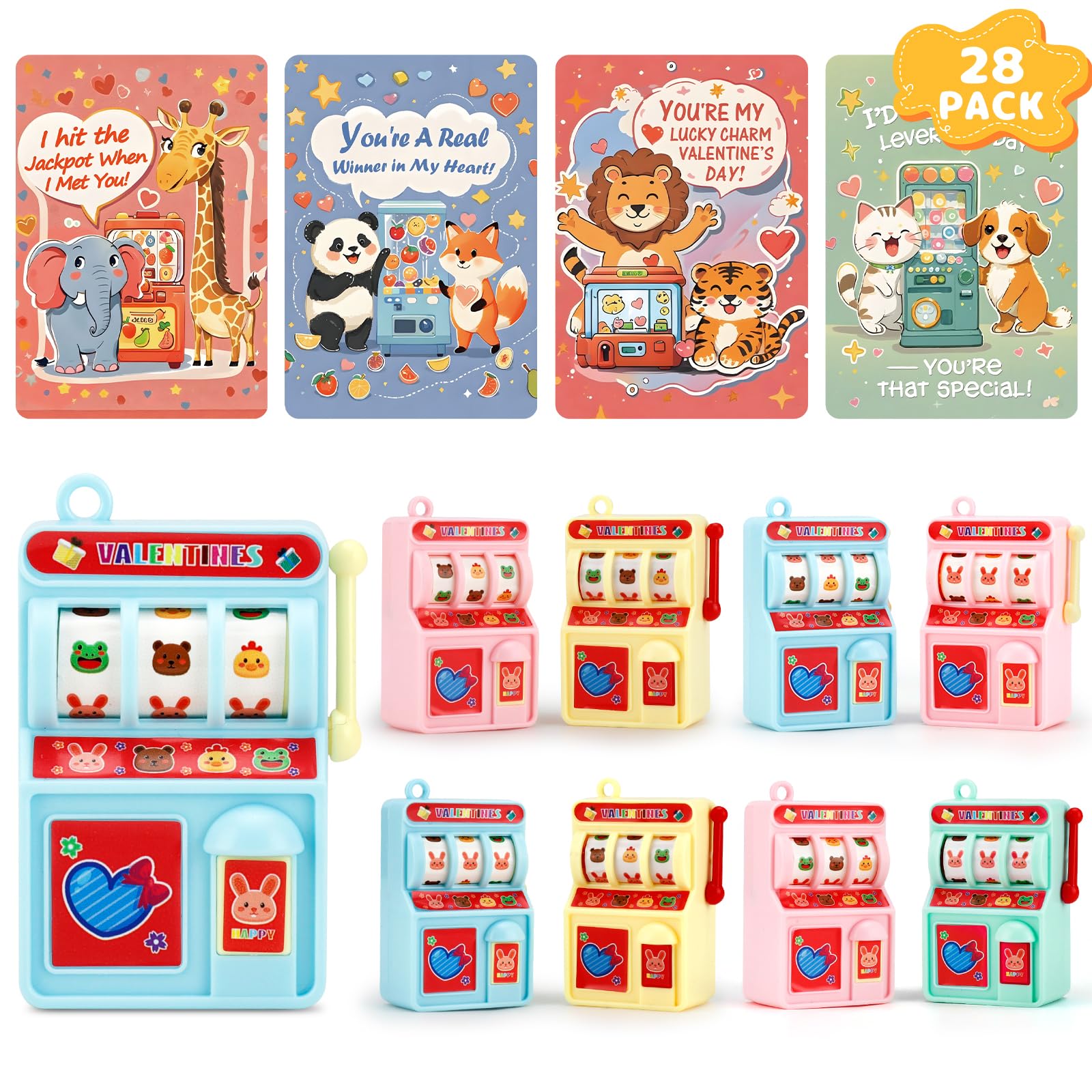 Photo 1 of AUUGUU 28 Valentines Day Cards with Mini Slot Machine Toys – Pull-Lever Spinning Reel Fidget Toy Classroom Exchange Set for Kids, Cute Animal Cards, School Party Favors & Gift Pack
