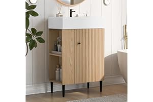 Merax 20 Inch Bathroom Vanity with Sink, Narrow Depth Bathroom Vanities,Wood Vanity Cabinet,Soft Closing Door,Freestanding Sink Cabinet W/Open Side Shelves, Oak