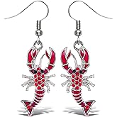 Aqua79 Red Lobster Silver Dangle Earrings - Fashion Jewelry Rhinestone Earring Hook Silver Jewelry, Zinc Alloy Fish Hook Earrings, Cute Earrings Perfect Summer Accessories for Women - 1 Inch