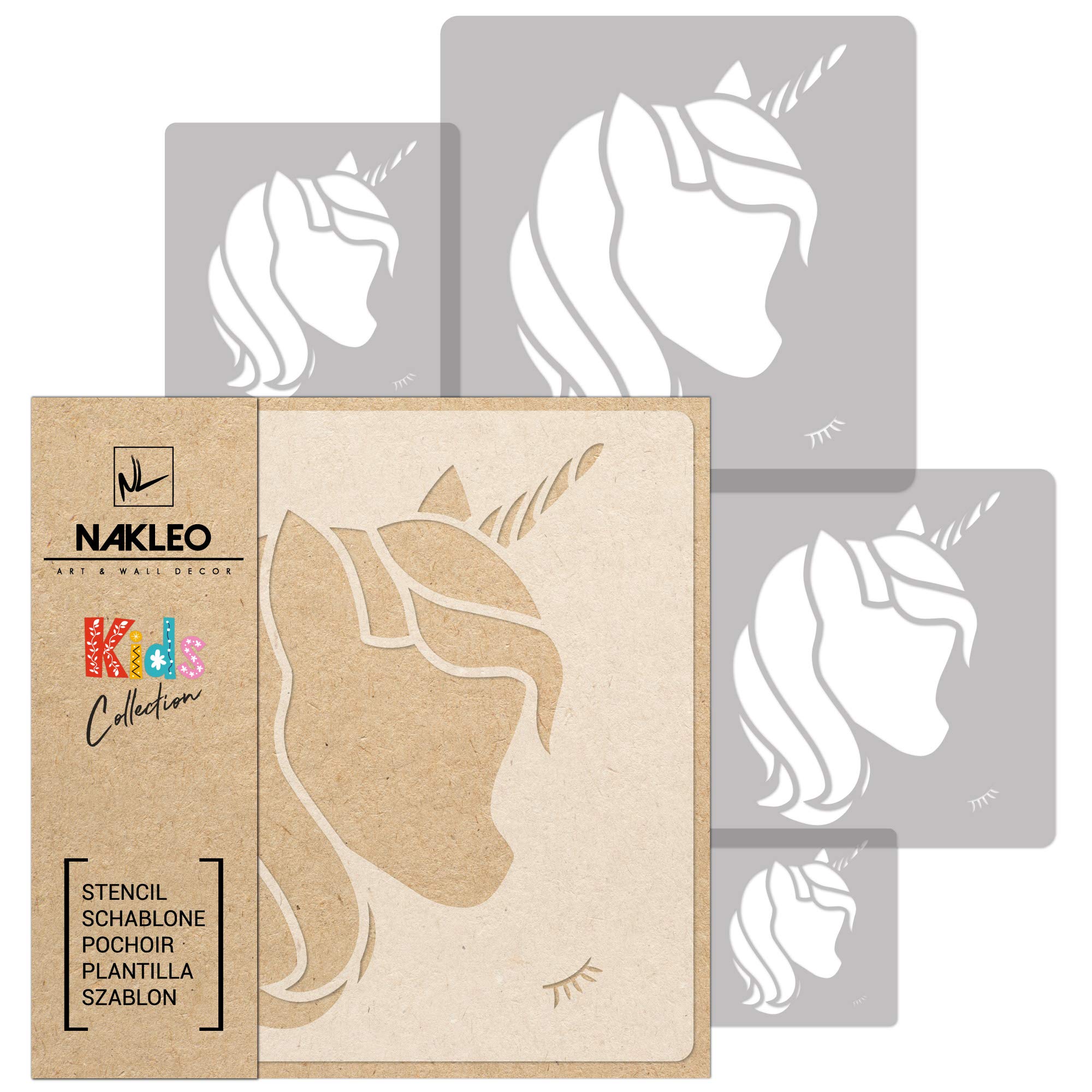 NAKLEO Painting Stencils Set for Nursery Room, 5 Pcs Templates 9x9 to 34x34cm Unicorn Fairytale Magic, Plastic and Reusable Drawing Stencils, Decor, Craft DIY Wall Furniture