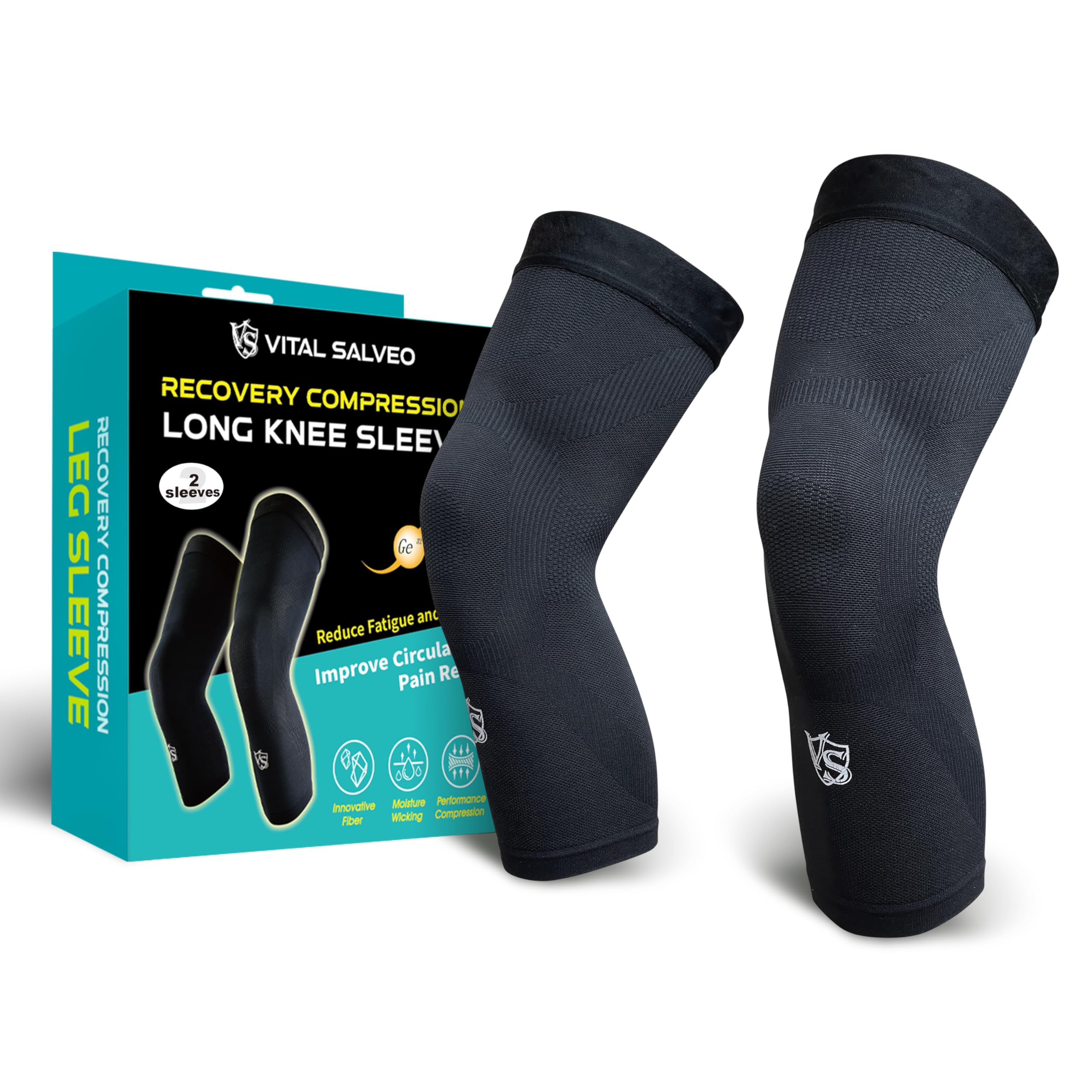 Vital Salveo-Sports and Outdoor Compression Long Knee Sleeves Support- Germanium Recovery Running, Basketball (1 Pair)-X-Large