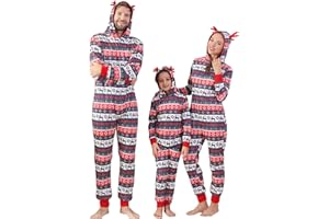 ANGELGGH Family Matching Christmas Onesie, Cute Vacation Reindeer Print One Piece Pajamas, Hooded Holiday Sleepwear Nightwear