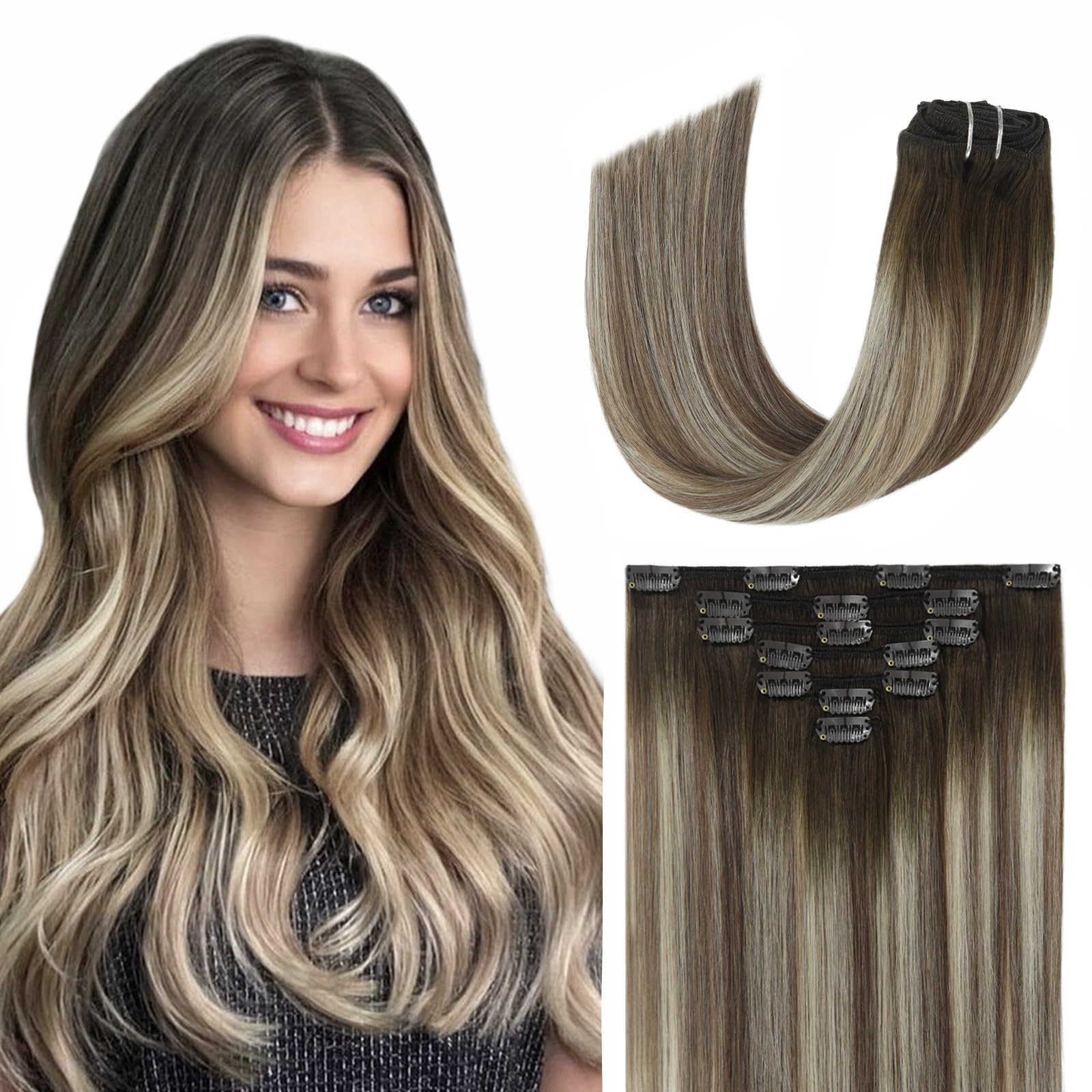 Photo 1 of EYEFULL STELL Remy Human Hair Clip in Extensions for Women 18 inch 120G 7PCS Ombre Walnut Brown to Ash Brown Mix Light Blonde Balayage Clip ins Real Human Hair Extensions Straight Natural Clip on Hair