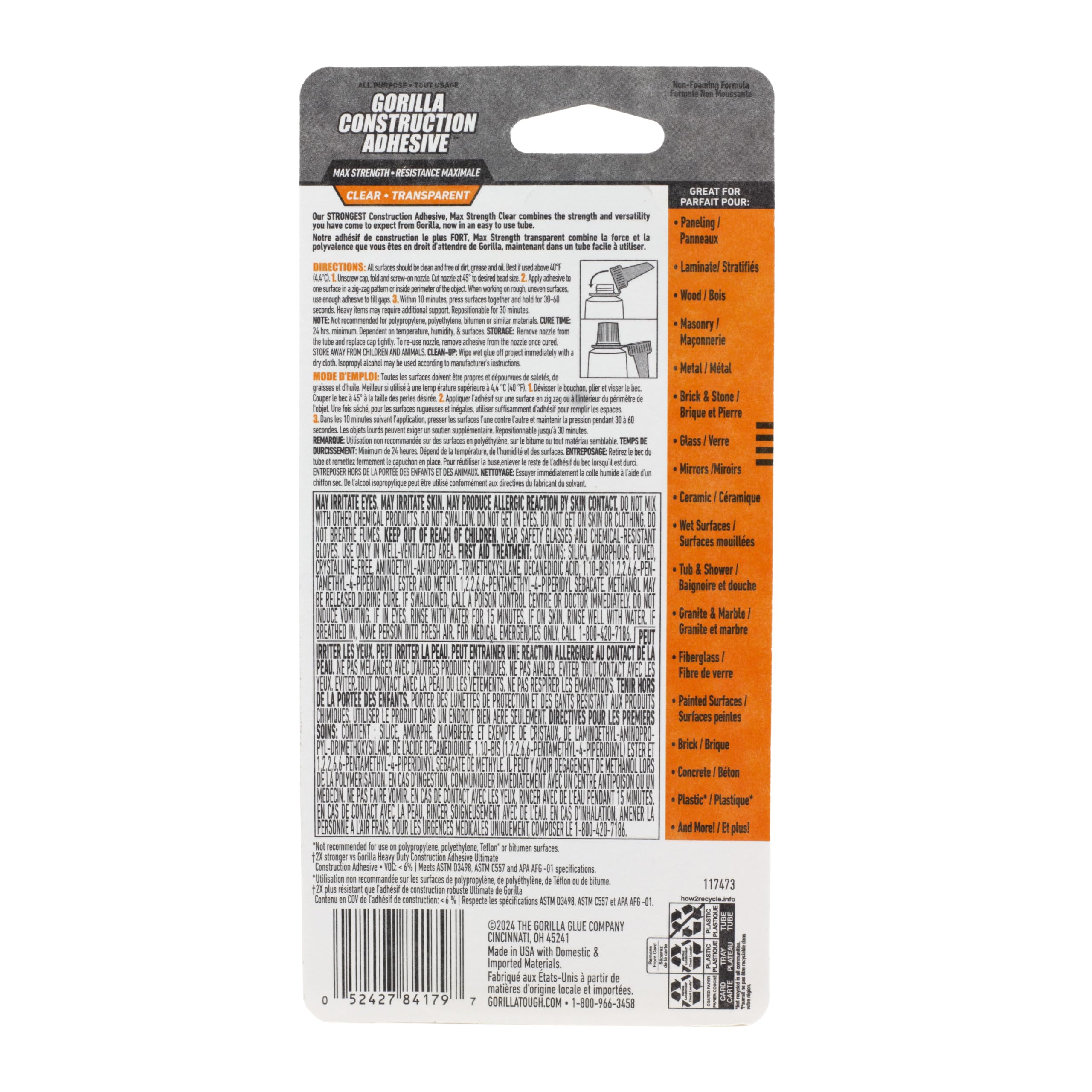 Gorilla Max Strength Construction Adhesive, Clear Glue, 2.5 Ounce Squeeze Tube (Pack of 1) - Gap Filling and Waterproof