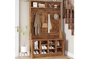 Itaar Hall Tree with Bench and Shoe Storage, Entryway Bench with Coat Rack, Shoe Cabinet with Coat Hooks, Rustic Brown
