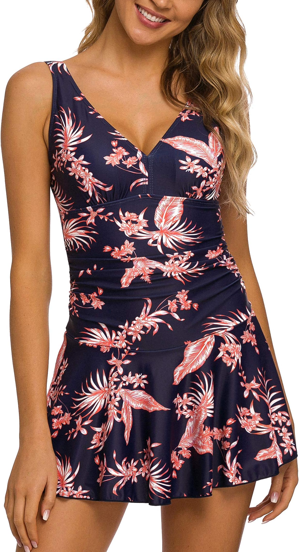 COSKAKA Women's One Piece Skirt Swimsuit Ruched Retro Swimming Dress Tummy Control Bathing Suit