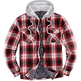 ZENTHACE Men's Quilted Lined Button Down Plaid Flannel Shirt Jacket with Hood
