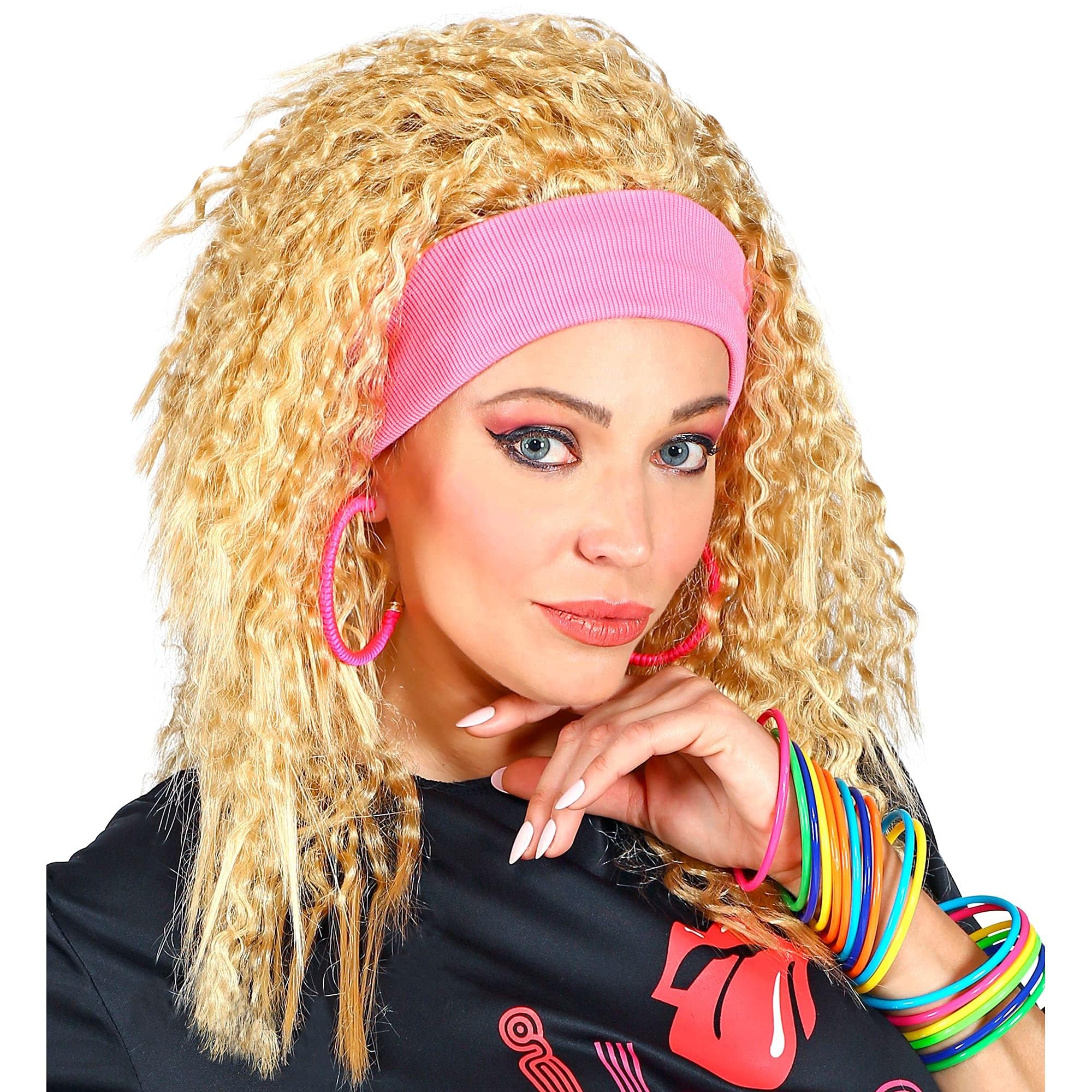 WIDMANN 04439 Adult Ladies Wig 80s Perm Fashion Wig with Neon Pink Headband. Fancy Dress accessory, World Book Day, Halloween, Carnival, Glam Rock