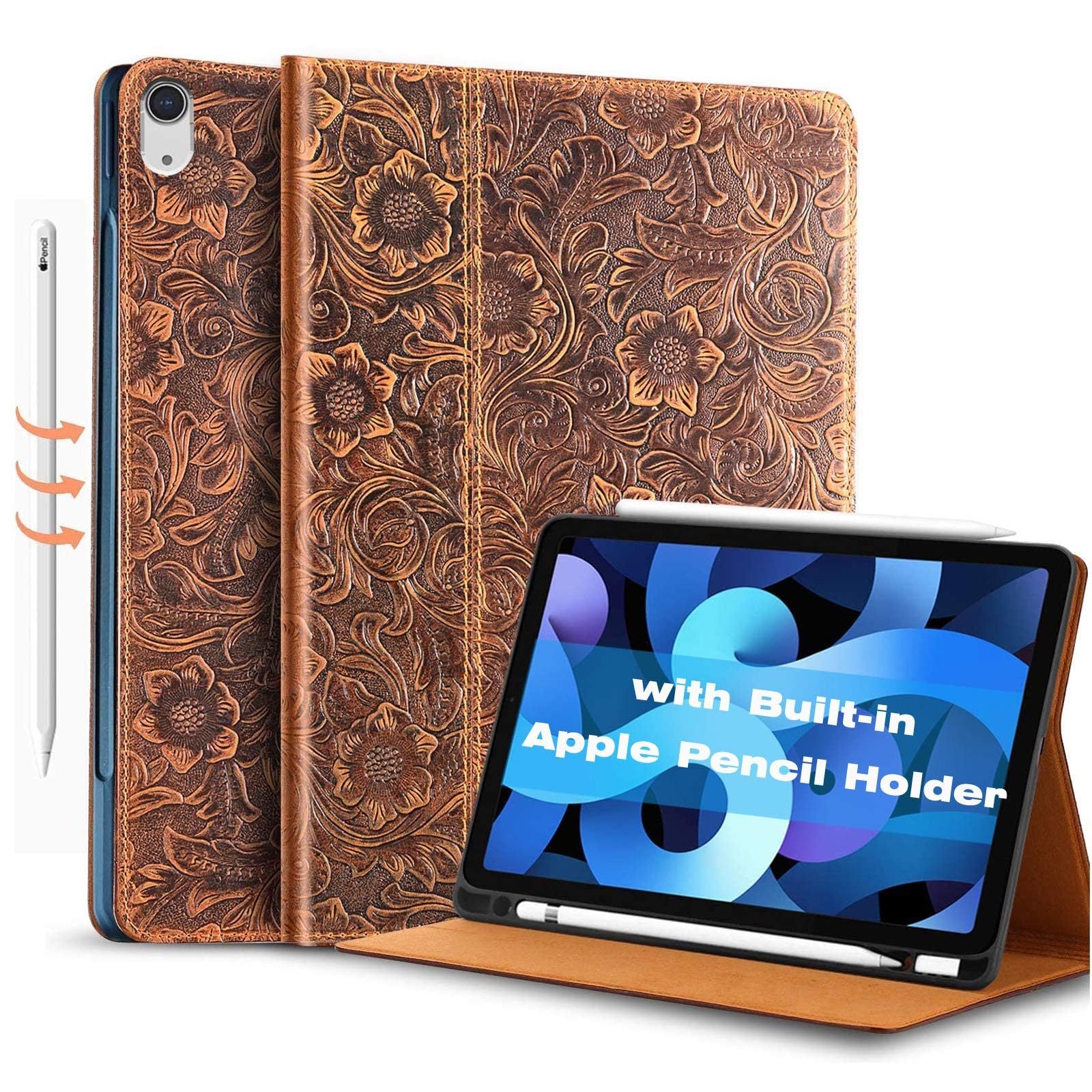 Gexmil Leather Case for iPad Air 11 Inch M4/M3/M2 (2026/2025/2024),iPad Air 10.9 Inch Case 5th/4th Generation 2022/2020, Top Grain Leather Cover with Pencil Holder,Auto Sleep/Wake,Floral Brown