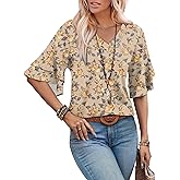 OFEEFAN Spring Tops for Women Boho Shirts Fashion Clothing Cute 3/4 Length Sleeve Blouses Dressy Casual Summer Outfits