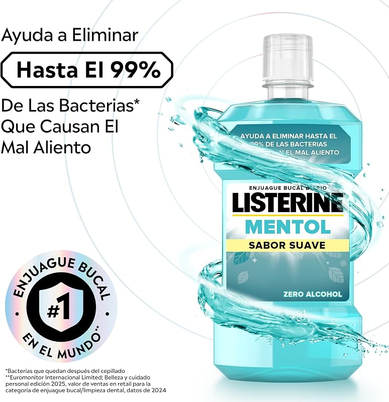 Mentol Sabor Suave (1 x 500 ml), enjuague bucal con flúor, colutorio encías con 24 horas de protección, enjuague bucal sin alcohol para un aliento fresco duradero