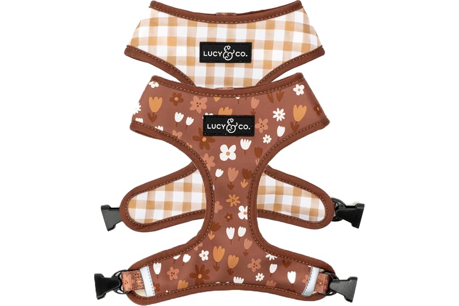 Lucy & Co. Reversible Dog Harness - Water-Repellent Neoprene, Dual-Print Design, Easy Swap Style, Adjustable Comfort Fit - Chocolate Meadows Reversible Harness - Small