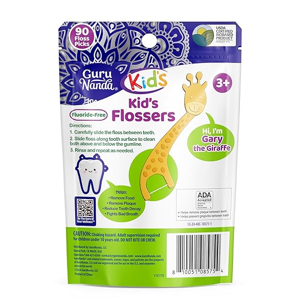 GURUNANDA DENTAL FLOSS PICKS FOR KIDS, EXTRA-LONG GIRAFFE-SHAPED PICKS, FLUORIDE-FREE, ANTI-SLIP & SHRED-RESISTANT DESIGN & ECO-FRIENDLY HANDLE & BERRY FLAVOR, IDEAL FOR AGES 3+, 90 COUNT (PACK OF 1)
