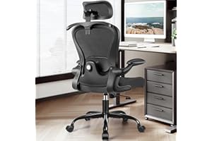 AtHope Office Chair, Ergonomic Office Chair with 3D Lumbar Support 3D Headrest, Comfy High Back Home Desk Chairs, Breathable Mesh Computer Chairs with Flip-Up Armrests & Hanger,Black