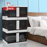 Reli. Collapsible Storage Bins 19 Gal (3 Pack) | Stackable Bins with Lids | Clothing Storage Organizer, Storage on Wheels, Plastic Bins with Dual-Access Doors, Foldable Containers, White &amp; Gray