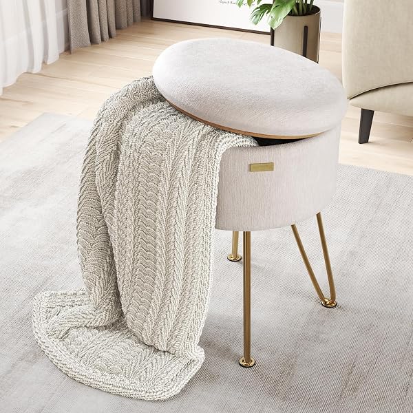 STORAGEBUD ROUND OTTOMAN WITH STORAGE, TEXTURED VELVET STORAGE OTTOMAN, FOOT STOOL OTTOMANS, MAKEUP VANITY STOOL, SMALL OTTOMANS FOOT REST, MODERN VANITY STOOLS FOR LIVING ROOM AND BEDROOM, CREAM