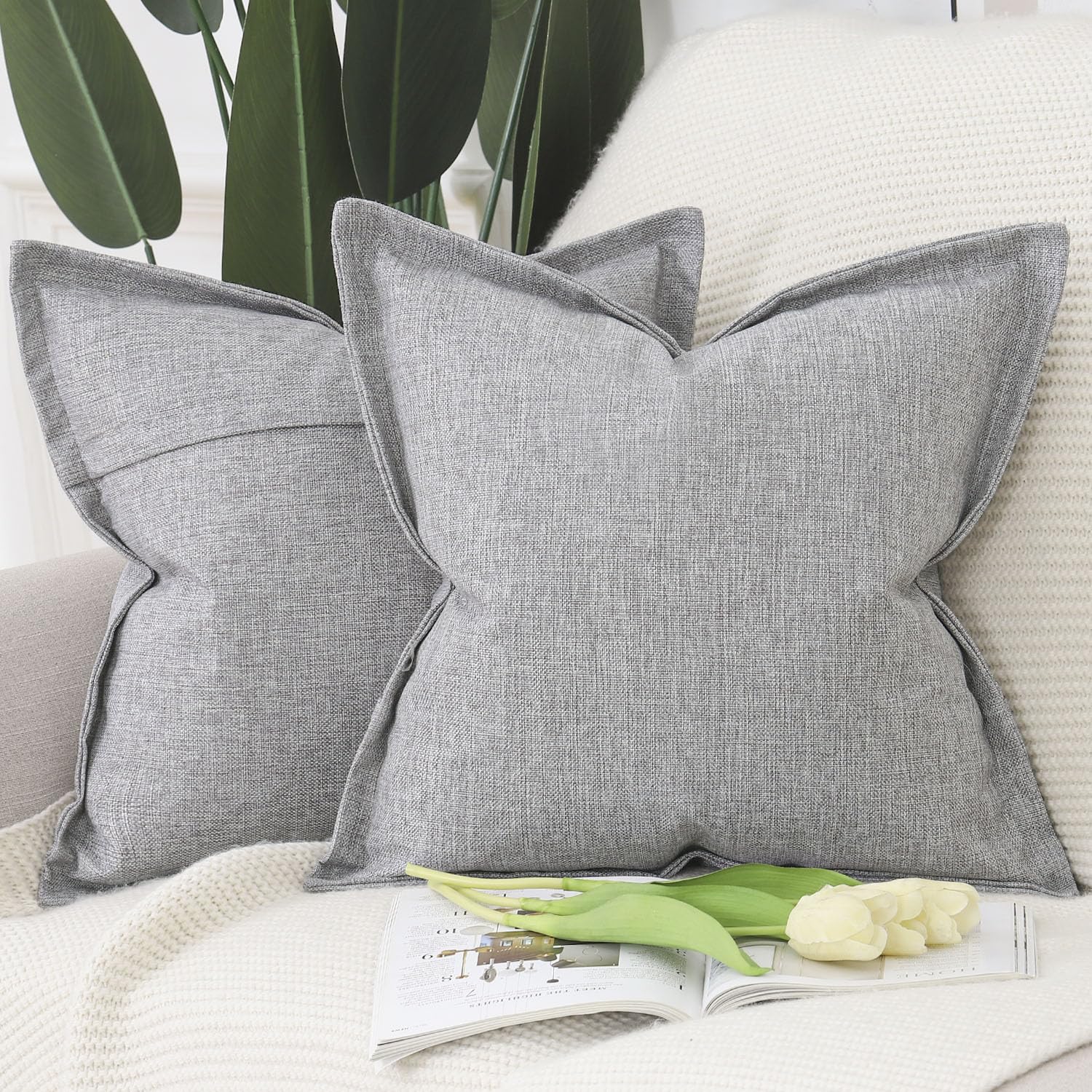 Madizz Set of 2 Faux Linen Cushion Covers with Broad Edge Soft Boho Decorative Pillow Cases for Sofa Bedroom Modern Pillow Shell 24x24 inch, 60x60 cm Light Grey