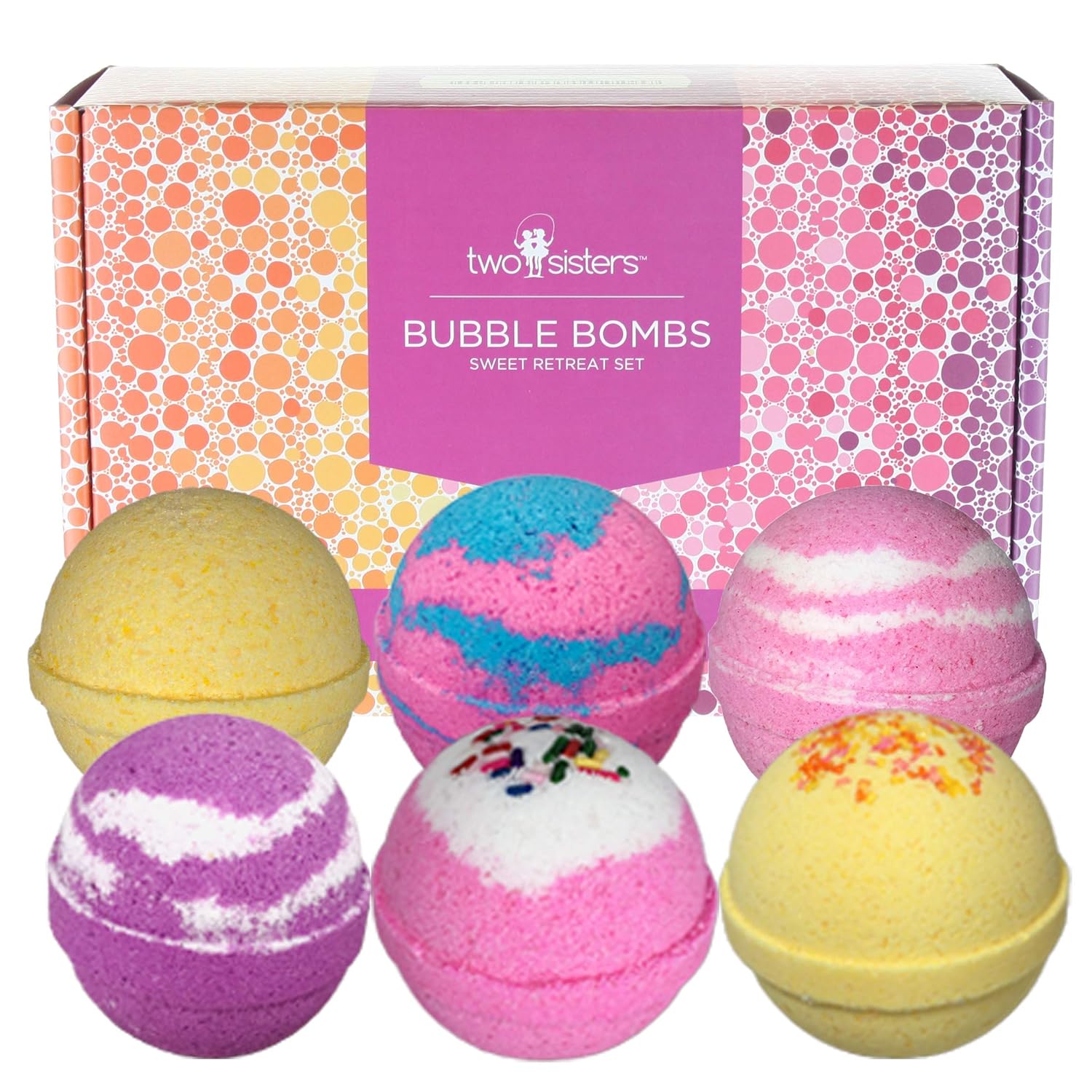 Sweet Retreat Birthday Bubble Bath Bombs Gift Set by Two Sisters Spa. 6 Large 99% Natural Fizzies For Women, Teens and Kids. Moisturizes Dry Sensitive Skin. Releases Lush Color, Scent, and Bubbles.