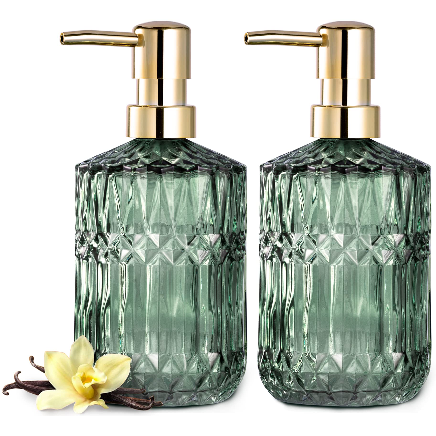 Photo 1 of EMPO Clear Glass Soap Dispenser with ABS Plastic Pump, Crystal Lotion Dispensers for Kitchen Sink, Bathroom (2Pack Green)