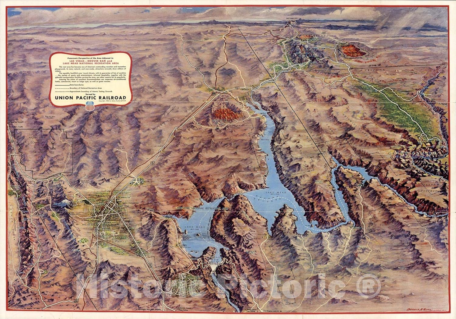 Historic Pictoric Map : Panoramic Perspective of The Area Adjacent to Hoover Dam and Lake Mead Recreational Area, 1953, Vintage Wall Art : 63in x 44in