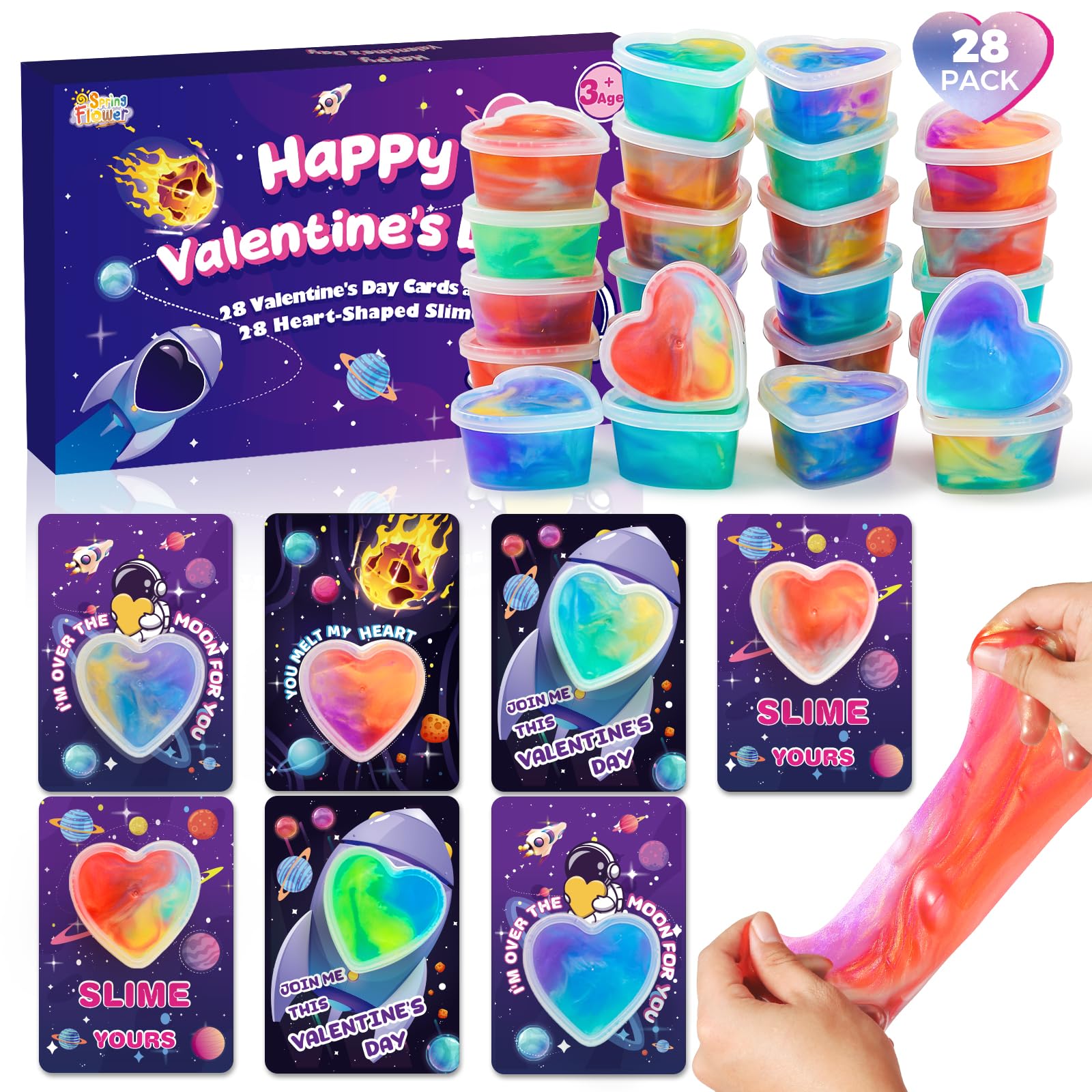28 Pcs Valentines Day Gifts For Kids Classroom - Galaxy Slime With Valentines Day Cards For Kids School, Slime Stress Relief Fid