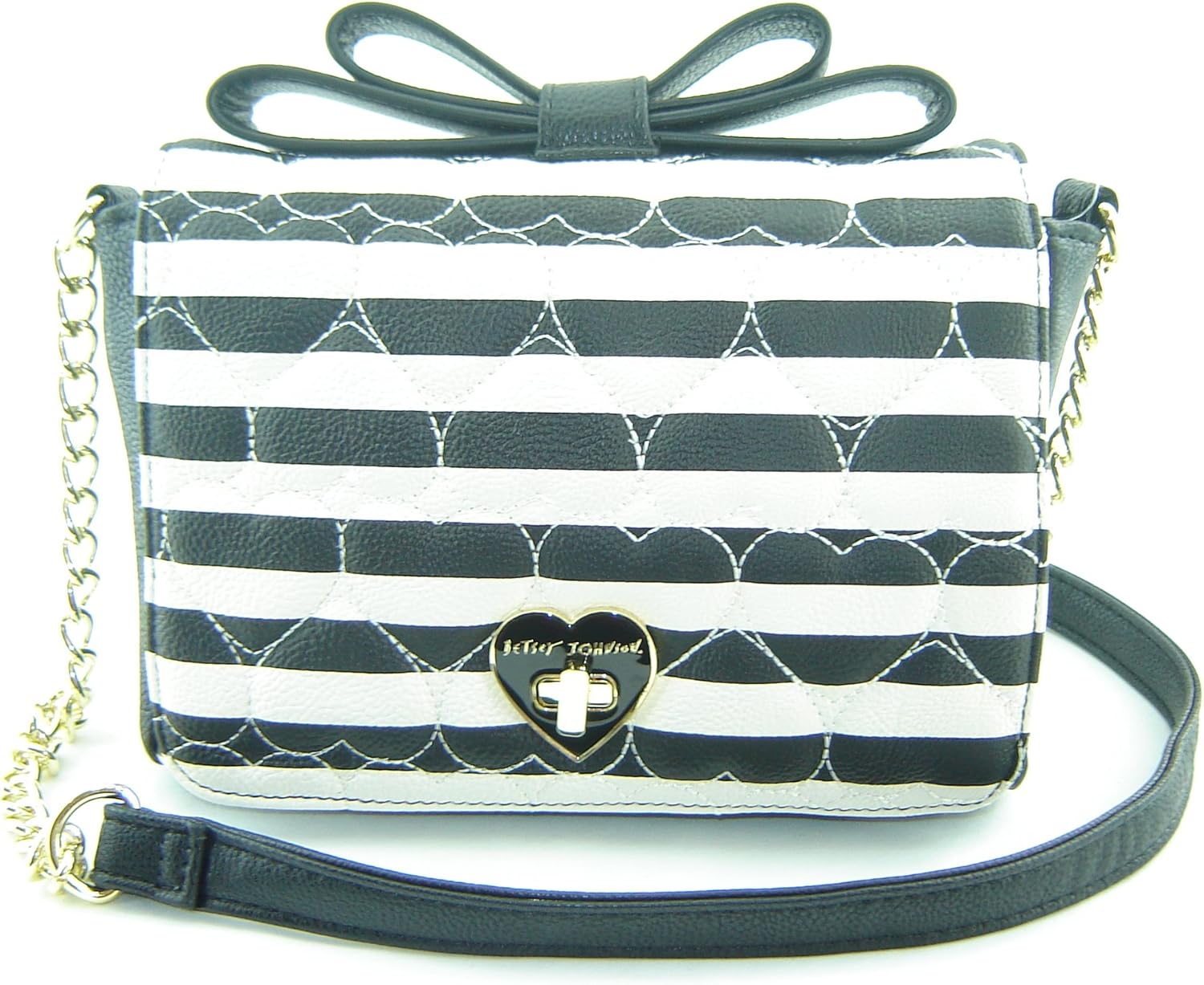 Betsey Johnson Bow Top Xbody Crossbody Handbag Black Creme Multi Handbags