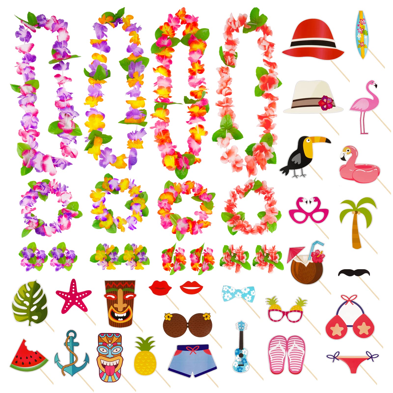 43Pcs Hawaiian Photo Props Kit - 4 Sets Hawaiian Leis Garlands Necklaces Headbands Bracelets and 27Pcs Hawaiian Photo Booth Props for Tropical Tiki Beach Summer Hawaii Party Decoration