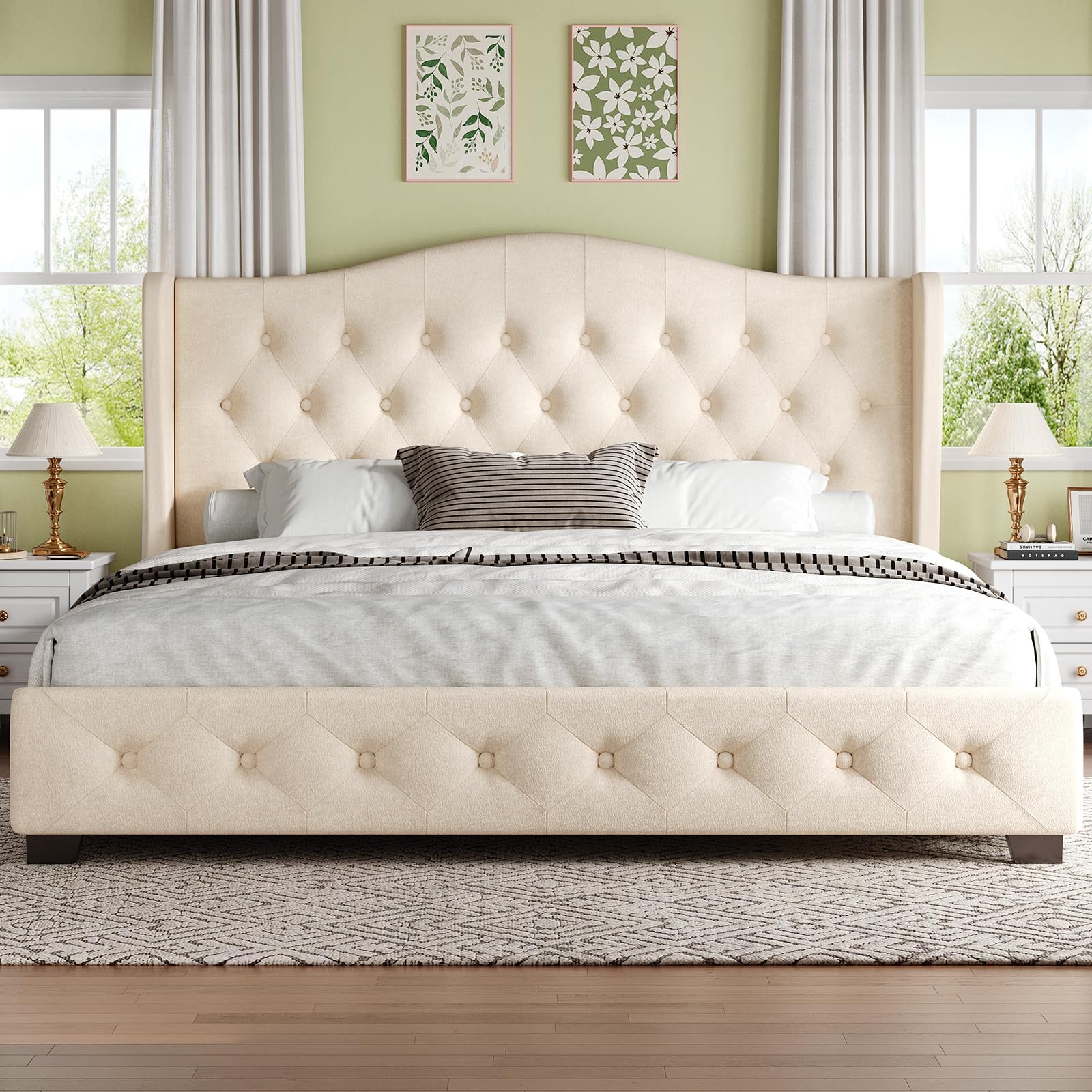 Photo 1 of **BOX 1/2** **Missing 2/2**HOMBCK King Size Bed Frame with Wingback Tufted Headboard, Velvet Upholstered Bed Frame King Size with Curved Headboard, Wooden Slats Support, Easy Assembly, No Box Spring Needed, Noise-Free, Beige