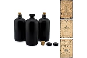 CORNUCOPIA BRANDS Cornucopia Black 16-Ounce Glass Apothecary Bottles (3-Pack); Boston Round Bottles w/Designer Labels Ideal for Aromatherapy and DIY