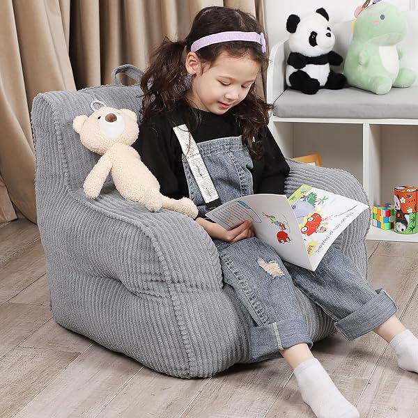 MOMCAYWEX KIDS BEAN BAG CHAIR WITH A PLUSH BEAR, COMFY TODDLER CHAIR FOR BOYS AND GIRLS, GREY