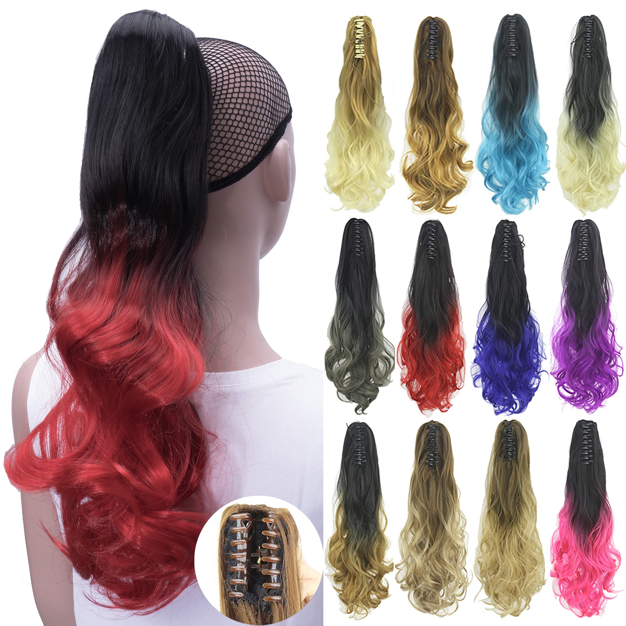 IMISSU Curly Ombre Color Claw Ponytail Hair Extensions Pony Tail Clip in Haiepiece (Ombre Red)