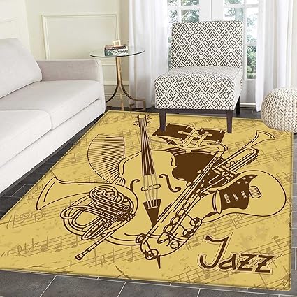Amazon 音楽エリアラグカーペットジャズ音楽equipments Withヴィンテージ背景レトロスタイルの音楽テーマ印刷リビングダイニングルームとベッドルームラグ3 X4 クリームブラウン Carl Morris ラグ カーペット 通販