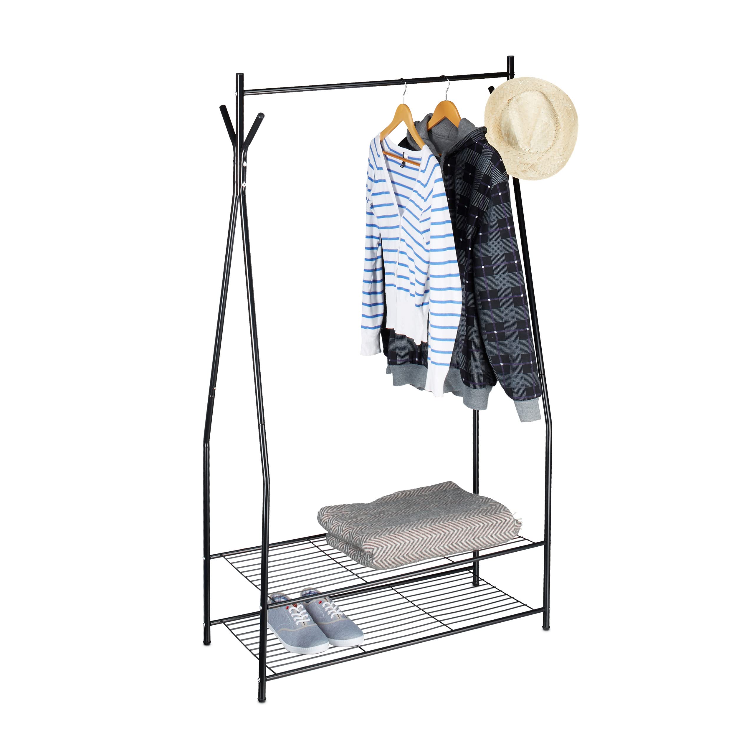 Relaxdays Clothes Stand with Shoe Rack SANDRA, Metal, Wide, Wardrobe Storage Unit with Garment Rail, 2 Shelves also for Boots, Size: 162 x 90 x 40 cm, Off-White