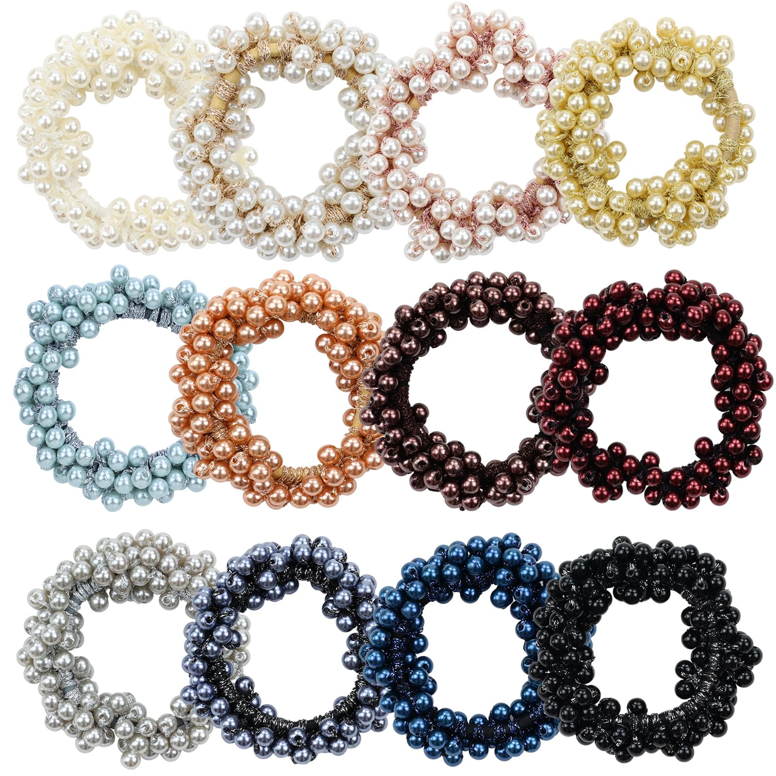 Dizila 12 Pack Stretchy Bling Glitter Sparkly Pearl Hair Ties Bobbles Scrunchies Beaded Hair Elastics Thin Thick Hair Ponytail Holders Bracelet Hair Ropes Bands Beautiful Accessories for Women Girls