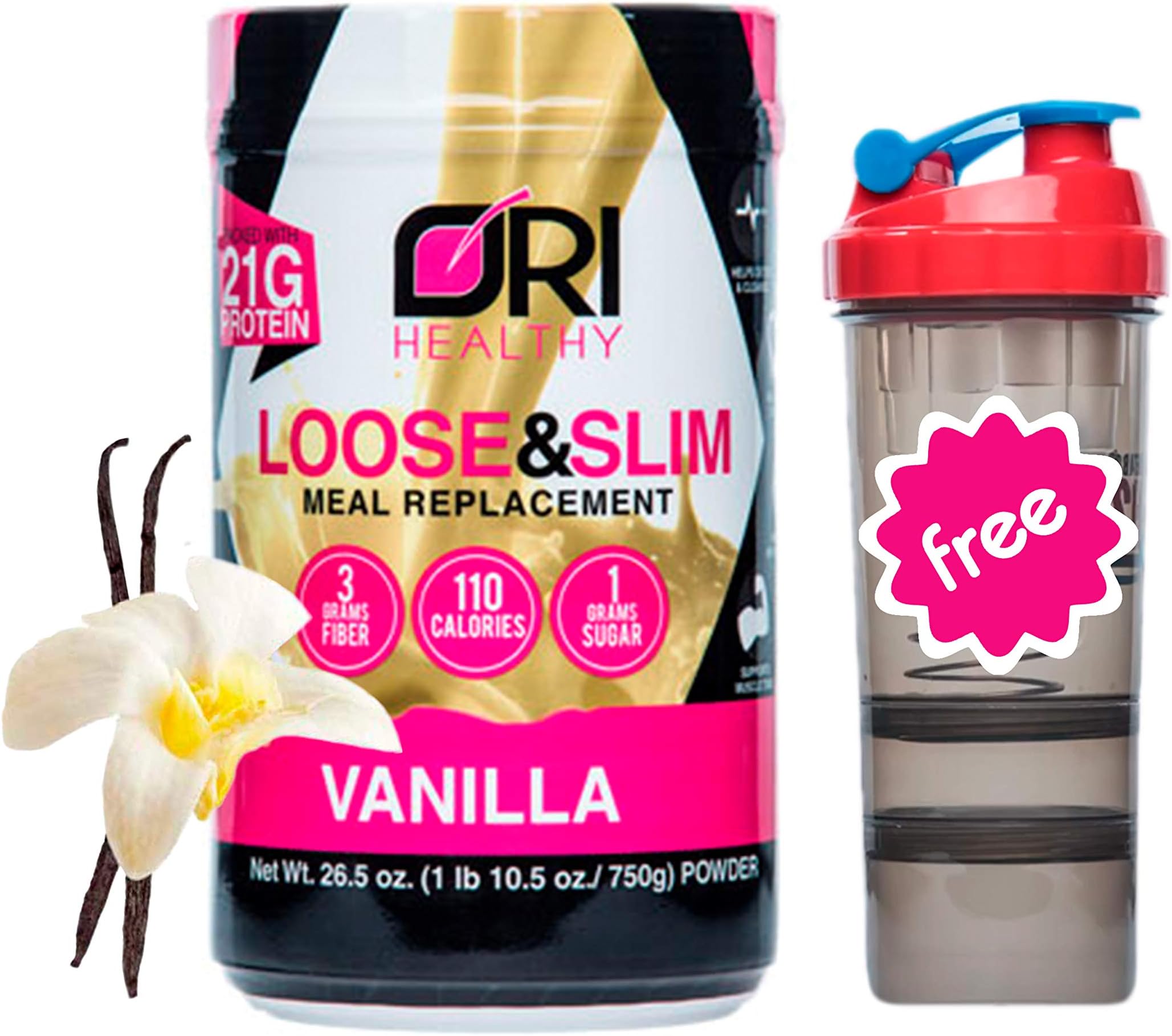 Loose & Slim Meal Replacement Shake Vanilla, Weight Loss, Low Carb, 21g Protein, 3g Dietary Fiber, 1g Sugar, 110 Calories. Vitamin Rich, Delicious Flavor + 1 Shaker Bottle Free