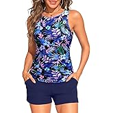 Tankini Swimsuits with Shorts - Two Piece Tummy Control Bathing Suits High Neck Swimwear with Two Side Pockets