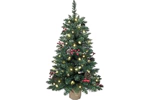 SZCXTOP 3ft Pre-lit Mini Christmas Tree,Artificial Pine 121 PVC Branches Tips with 11 Red Berries & 11 Pinecone & 70 LED String Lights & Burlap Wrapped Base Decor Xmas Tree for Tabletop,Battery Operated