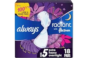 Always Radiant with FlexFoam Pads, Size 5, Extra Heavy Overnight Absorbency, with Wings, Lightly Scented, Up to ZERO leaks, Z