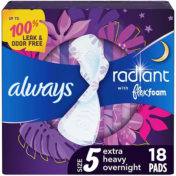 ALWAYS RADIANT FLEXFOAM PADS FOR WOMEN, SIZE 5, EXTRA HEAVY OVERNIGHT ABSORBENCY, WITH WINGS, SCENTED, 18COUNT