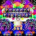 Zhanmai 83 Pieces Glow Neon Party Supplies Set Glow in the Dark Birthday Supplies Neon Balloons Fluorescent Banner Tablecloth Blacklight Hanging Stars Cake Toppers for Glow Birthday Party Decor