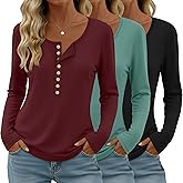 Velvelhall 3 Pack Women's Long Sleeve Henley Shirts Button U Neck Tops Casual Layering Tee Blouse 2025 Fall Trendy T-Shirts