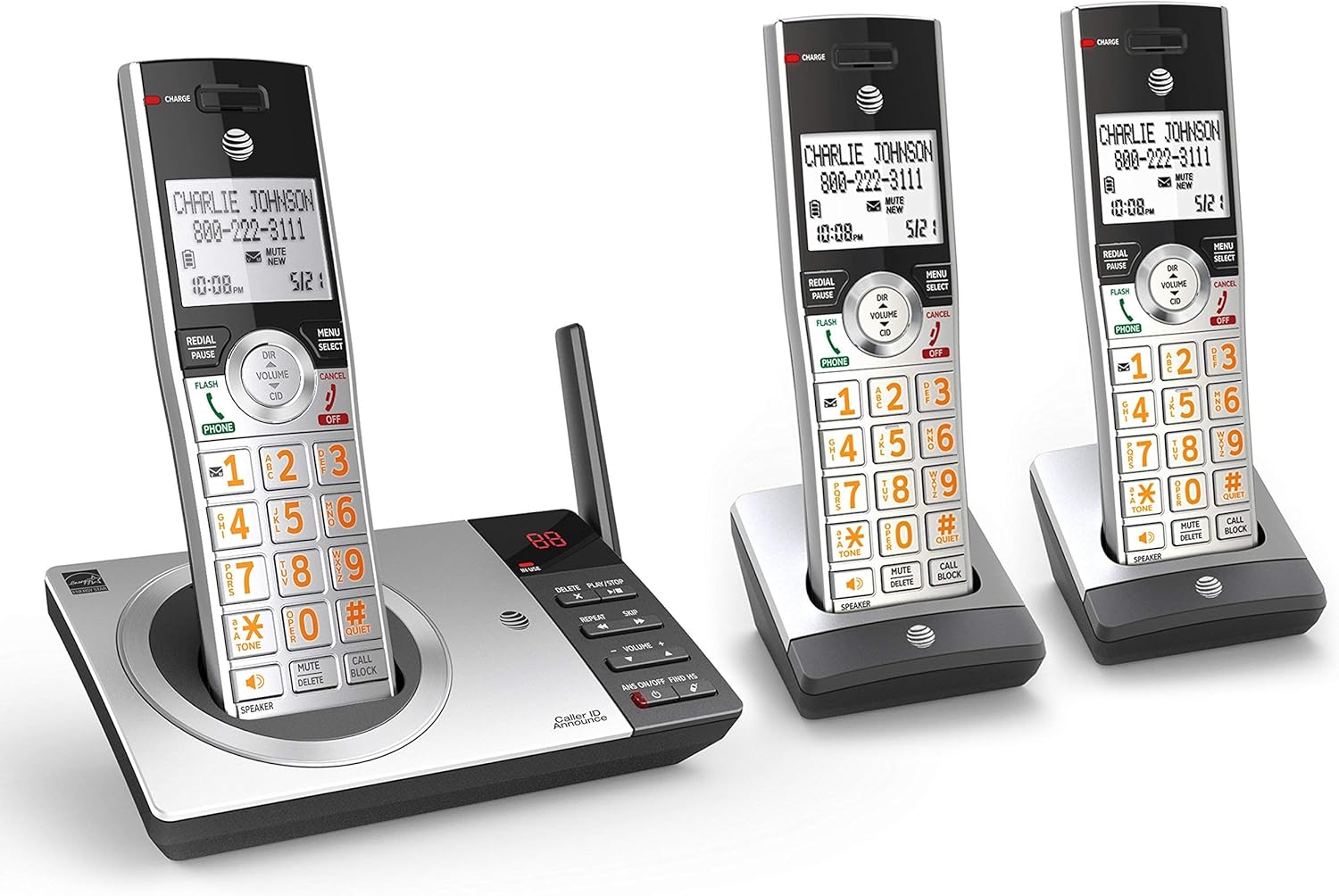 AT&T CL82307 DECT 6.0 Expandable Cordless Phone with Answering System & Smart Call Blocker, Silver/Black with 3 Handsets (Renewed)